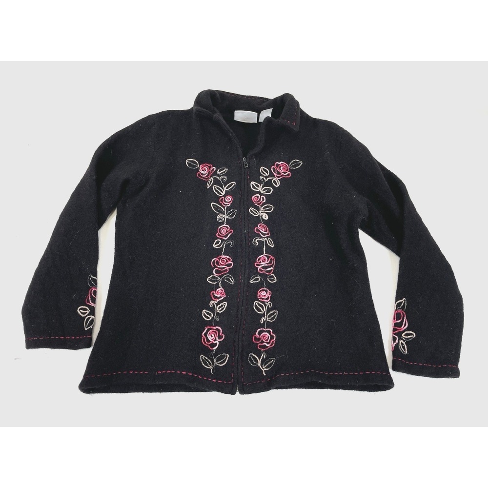 Alfred Dunner Wool Full Zip Floral Roses Jacket Womens Size M‎ Black